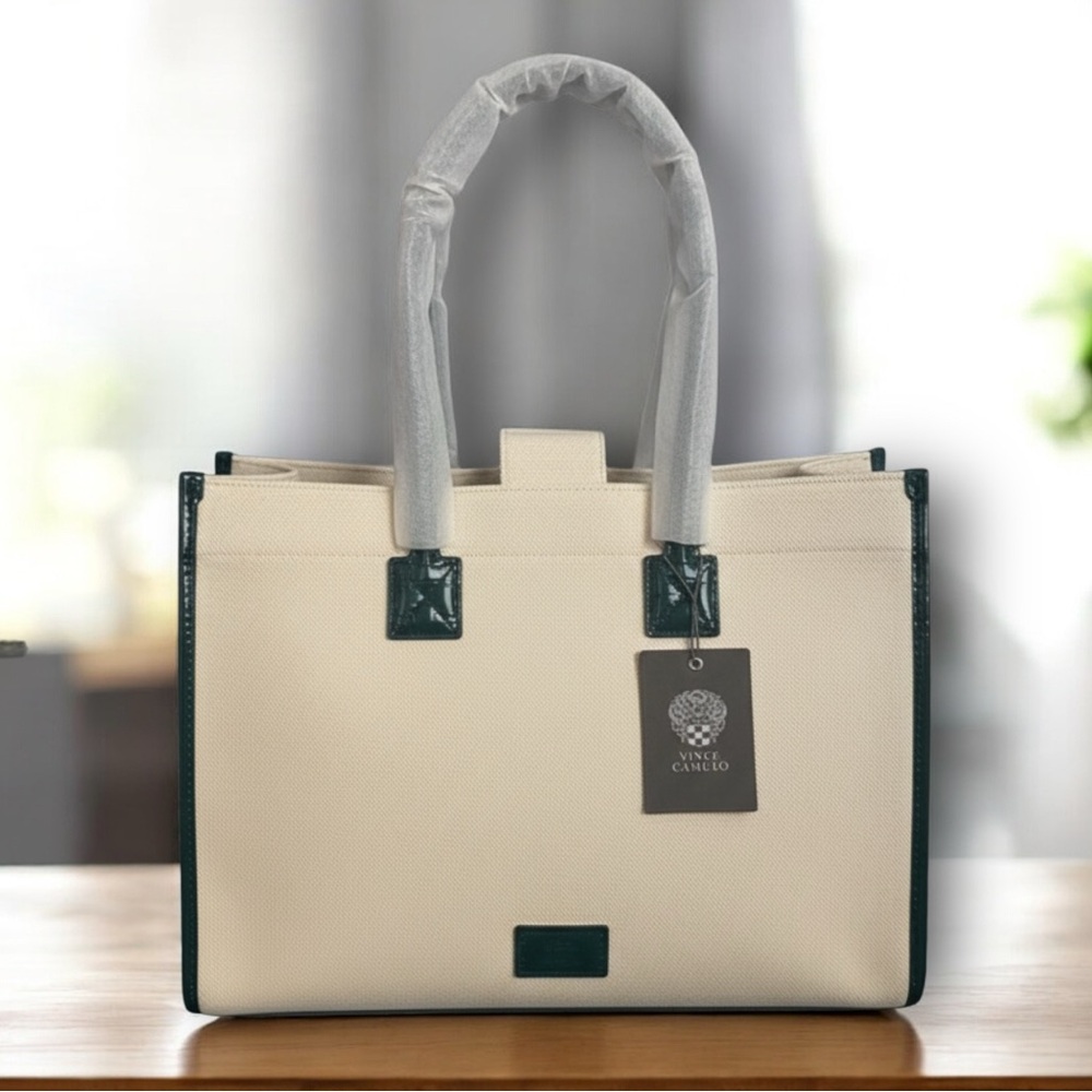 Vince Camuto Large Saly Canvas Quailty Tote Natural w Green Leather Handle Trim